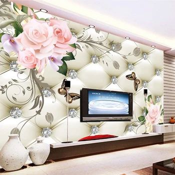 

3D Custom Mural Wallpaper European Style Rose Flower Pattern Diamonds Wall Painting Living Room TV Background Leather Wallpaper