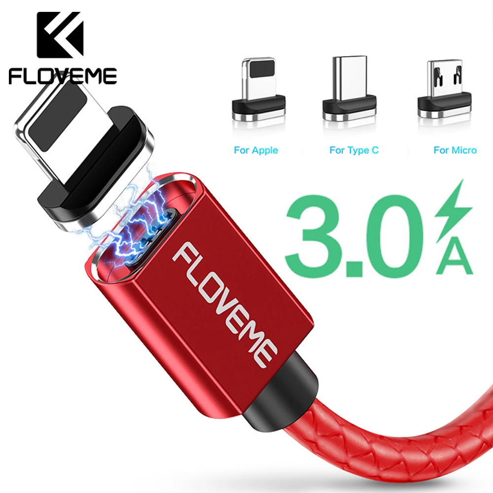 FLOVEME 3A Magnetic Cable For iPhone X XR Micro USB Lighting Cable Fast Charging Charger USB Type C Cable For Samsung S10 Huawei
