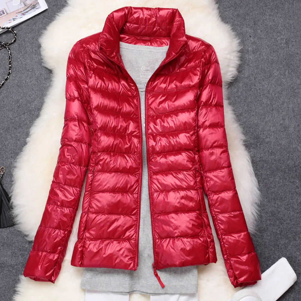 Зимняя женская куртка, ультра-светильник, 90% утиный пух, куртка с длинным рукавом, тонкое пальто, теплая парка для женщин, портативная, ветрозащитная, осенняя верхняя одежда - Цвет: Red
