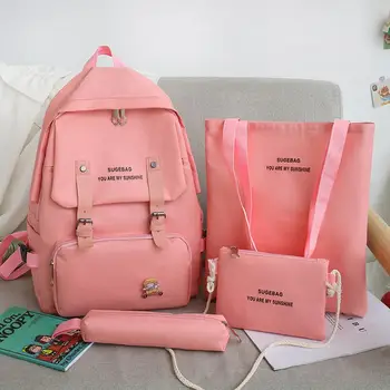 

2020 New 4Pcs/set Canvas School Bag For Teenagers Girls Student Women Rucksack Travel School Backpacks Female Book Bags Mochila