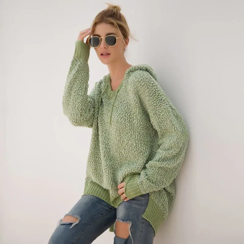 

Womens Long Sleeves Drawstring Hooded Sweaters Fluffy Plush Casual Loose Pullover Tops Knitted High Low Asymmetric Sweatshirt