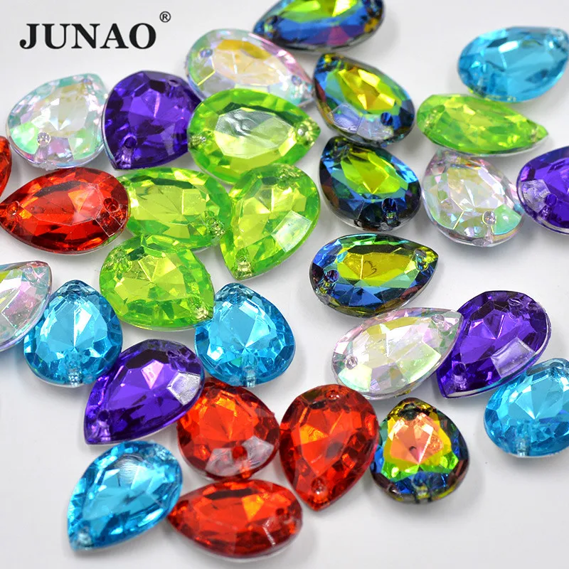 

JUNAO 13*18mm Multicolor Sewn Drop Rhinestones Crystal AB Point Strass Applique Sew On Acrylic Stones for Needlework Accessories