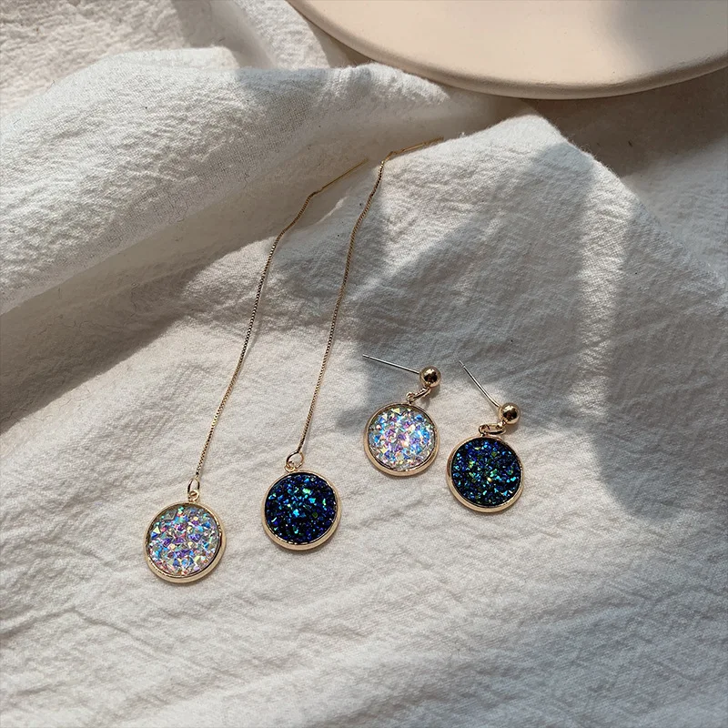 

Korean New Design Crystal Round drop earrings for women Simple gold color Line chain pendant earring jewelry Party Wedding Gift