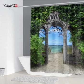 

200x180cm bathroom waterproof shower curtain 3D retro stone arch printing polyester washable curtain with hook