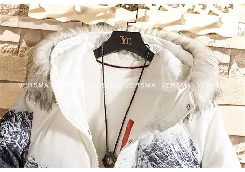 VERSNA Корейская Harajuku куртка с капюшоном и принтом Снежной Горы, пальто, мужские парки, зимняя уличная куртка в стиле хип-хоп с меховым воротником, Мужская ветровка