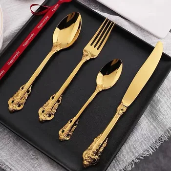 

European Royal Western Knife Fork Spoon Set Tableware Four Pieces Gold Embossed Stainless Steel Steak Knife Fork