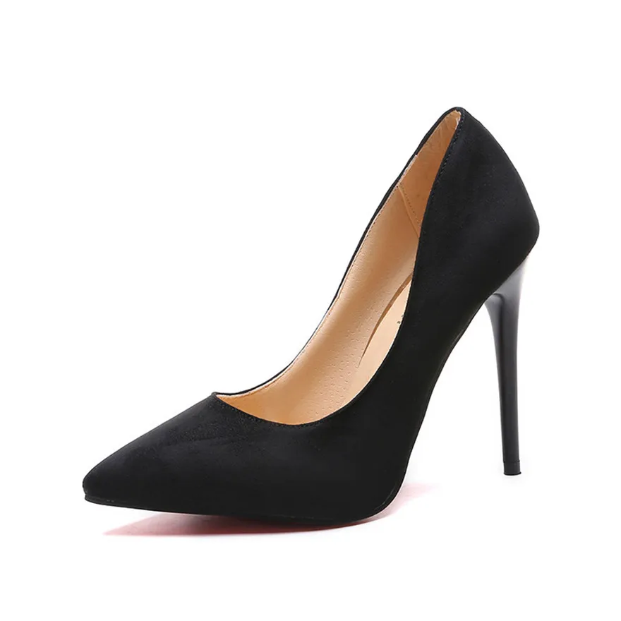 Женская обувь; коллекция года; выразительные женские туфли-лодочки из флока на высоком каблуке; классические женские свадебные туфли с острым носком; цвет красный, серый; большие размеры 35-44 - Цвет: Черный
