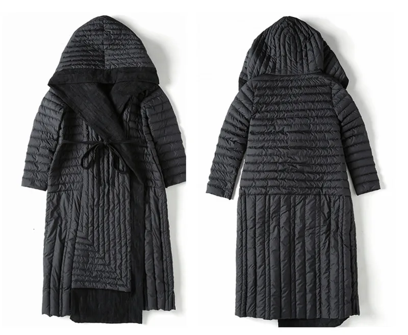Fashion Tide Winter New Fashion Female HIgh Quality Black Hooded Bandage Waist Thin Jacket Linen Hemline Coat YE917