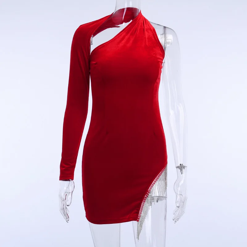 Sexy One Shoulder Rhinestone Tassel Irregular Mini Dress Push Up Backless Hollow Out Slim Halter Solid Vestidos Dress For Women