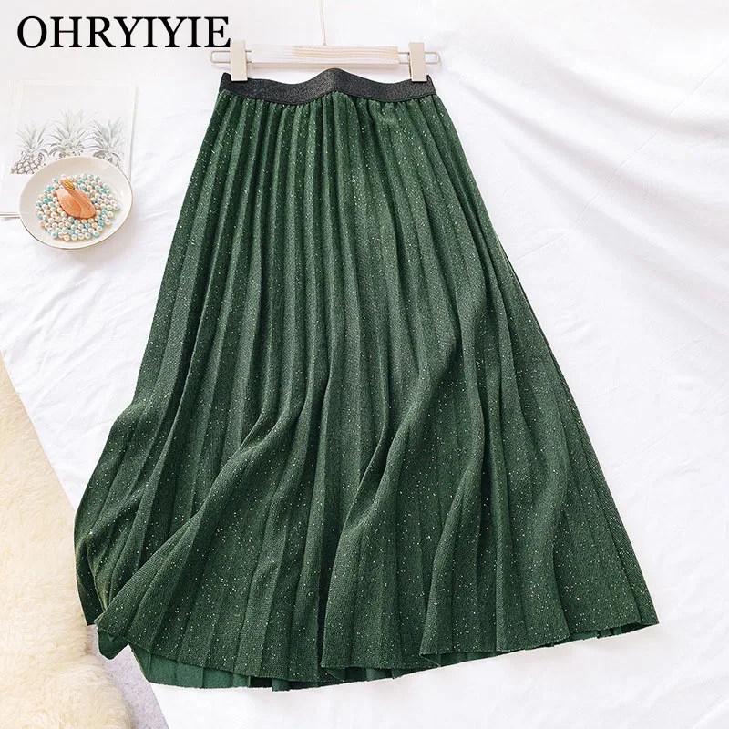 Ohryiyie корейские блестящие бархатные юбки женские осень зима Высокая талия Женская плиссированная юбка зеленая серая элегантная Длинная Юбка Femme