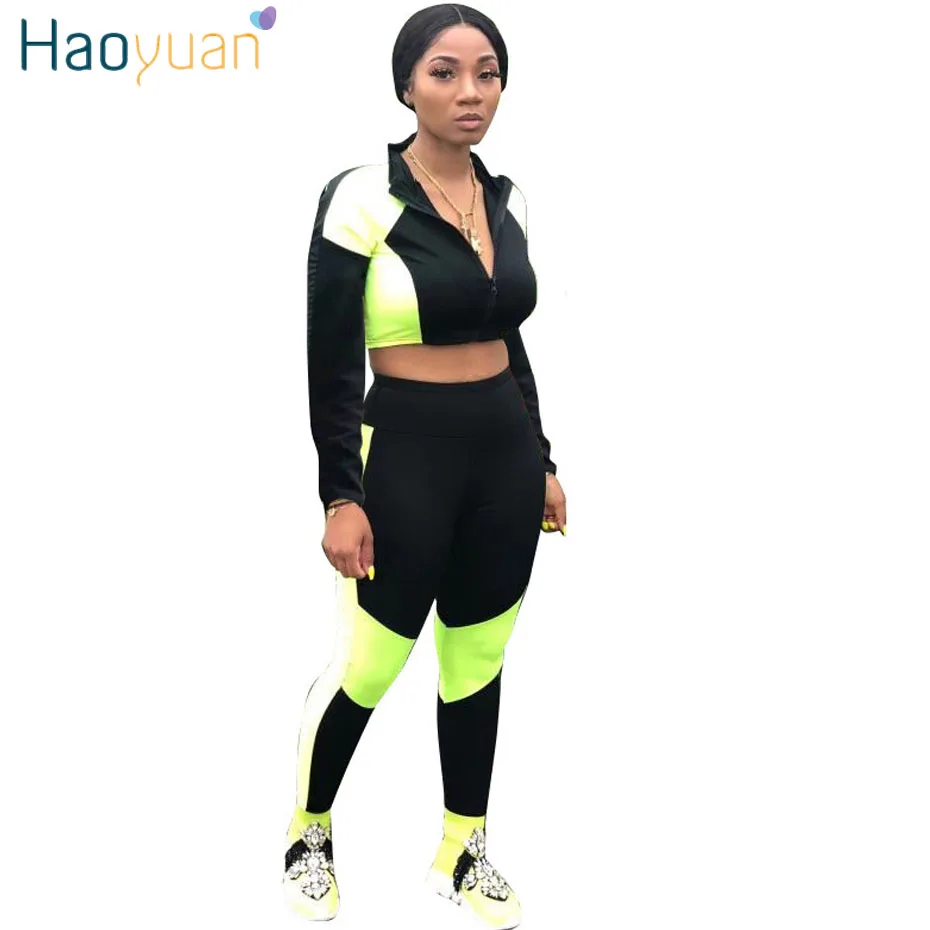 

HAOYUAN Two Piece Set Tracksuit Women Fall Clothing Zip Crop Top and Pants Sweat Suit Neon Splice 2 Piece Outfits Matching Sets