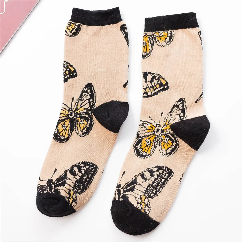 Beige Butterfly Новинка; милые носки с рисунками животных; забавные носки с изображением Далматинских собак, леопарда, кота, бабочки, раковины, подводного мира; носки в стиле ретро; Рождественский подарок - Color: Beige Butterfly