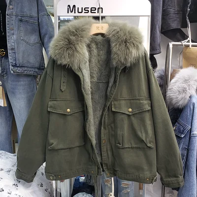 Army Green Зимняя джинсовая куртка с воротником из натурального Лисьего меха, Женская Толстая теплая Свободная джинсовая куртка со съемным натуральным кроличьим мехом, Женская Базовая куртка - Цвет: Army Green