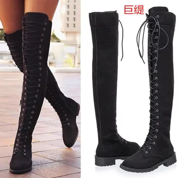 

2020 new leather boots winter big round head tie women's long leather boots