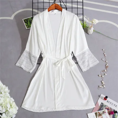 Сексуальные женские Кружево Satin Robe платье однотонные мягкие ночная рубашка кимоно халат пижамы свадебные туфли невесты Халаты - Цвет: White Robe