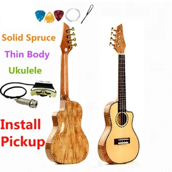 

Ukulele 24" Inches Solid Spruce Concert Acoustic Electric Thin Body Mini Guitar 4 Strings Ukelele Pickup Arm-rest High-gloss