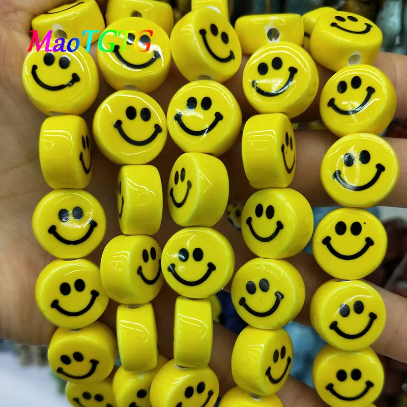 16mm Yellow Smile Face Ceramic Beads For Jewelry Making Bracelet Necklace Smily Loose Spacer Ceramic Bead Accessories Wholesale
