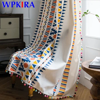 

Bohemia Printed Curtain Yellow Pattern with Colorful Ball Tassel Design Cotton Linen Curtain for Bay Window Kitchen Drapes D0063