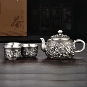 

Fine Silver 999 Sterling Silver Tea Sets Dragon And Phoenix Silver Teapot Tea Kung Fu Tea Kettle