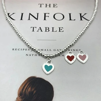 

Famous Brand S925 Sterling silver Colorfur Enamel Heart-shape Pendant 4mm Bead Necklaces for Women Valentine Gift Fine Jewelry