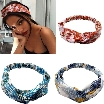 

2020 New Women Turban Cross Knot Headband Hair Bands Girl For Elastic Leaf Print Fashion Headdress Elastic Girls Accessorie