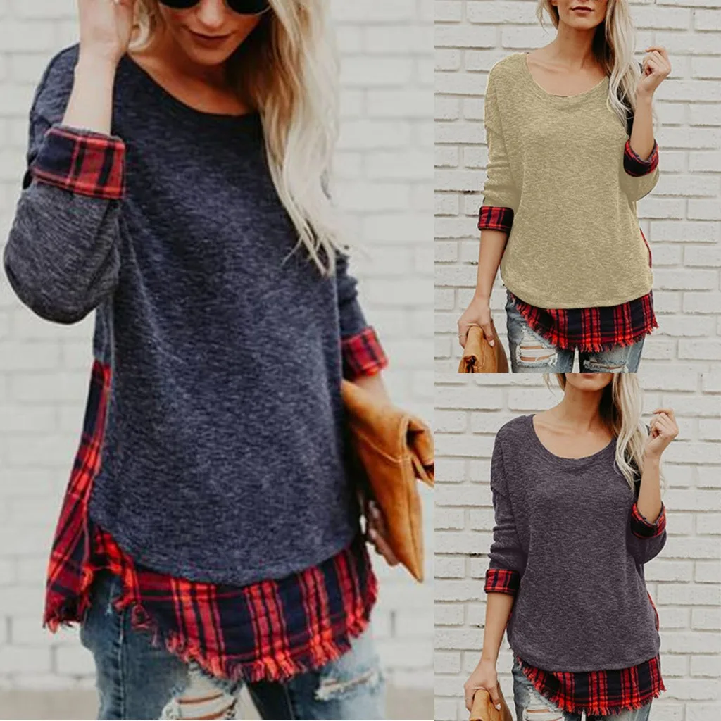 Women Sweaters Ladies Casual Autumn Winter Patchwork  O-Neck Long Sleeve Loose Sweater Blouse Tops Female Sweaters