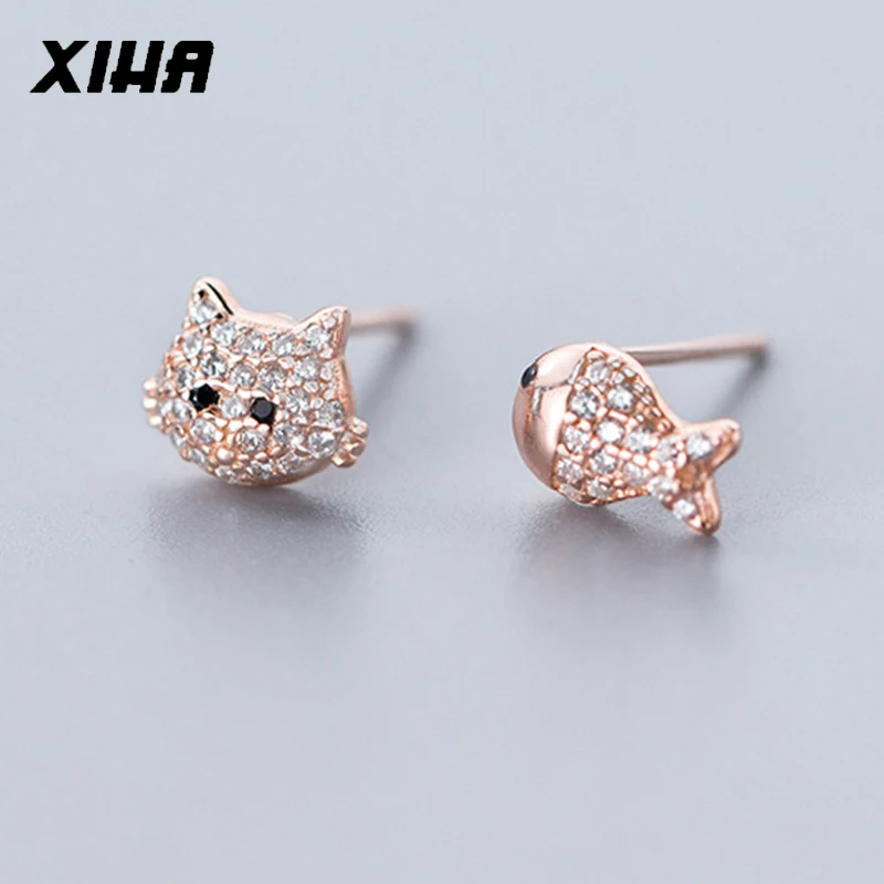

XIHA Real 925 Sterling Silver Stud Earring for Women Rose Gold Color Cat Fish Asymmetric Girl Earrings Korean Fashion Jewelry