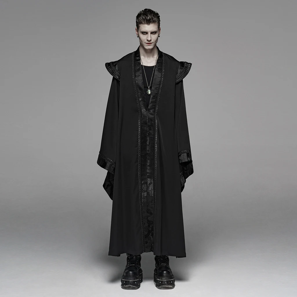 

PUNK RAVE Men's Gothic Dark Chinese Long Gown Jacket Twill Shuttle Jacquar Fabric Loose Party Stageperformance Winter Coat