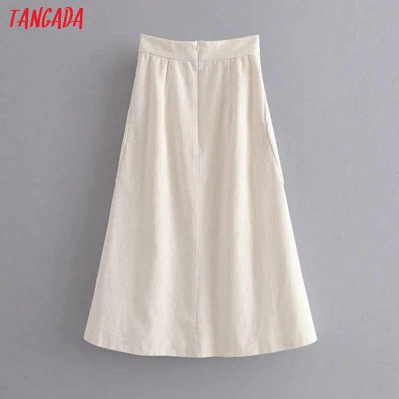 Tangada женские вельветовые белые юбки винтажные faldas с высокой талией на молнии женские Ретро Женские трапециевидные миди юбки SW07