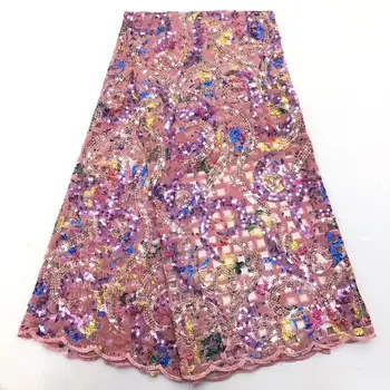

New Pink Colorful Velvet Lace Fabrics Nigerian Sequence Lace Fabrics African Tulle Lace Sequins Lace Fabric for Wedding Dress