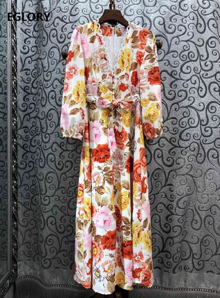 

Beautiful Dress 2020 Spring Designer Fashion Party Evening Women Sexy Deep V-Neck Romantic Rose Flower Print Tunic Long Dress