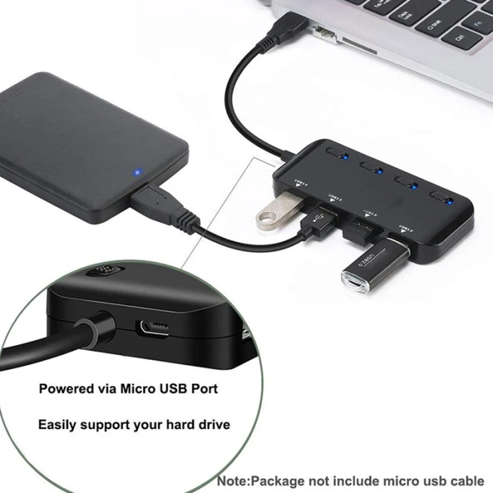 USB 3,0 концентратор сплиттер удлинитель 4 порта USB концентратор данных с индивидуальный переключатель светодиодный свет VH99