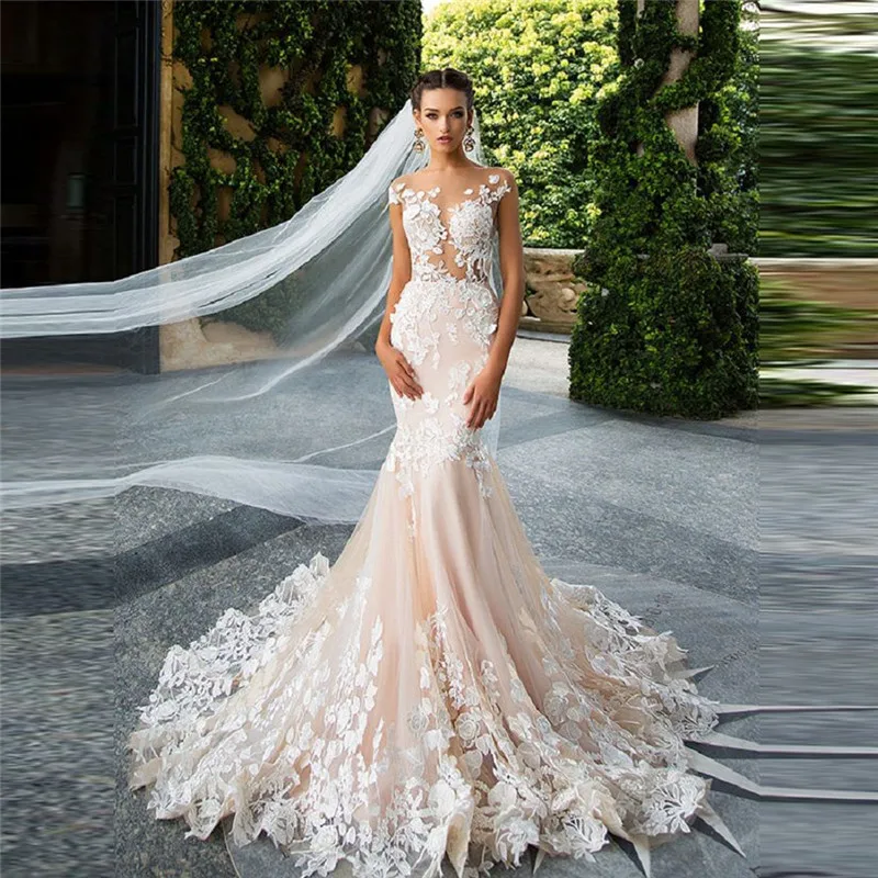 

Illusion Short Sleeves Mermaid Wedding Dresses Slim Fitted Backless Sexy Lace Appliques 2020 Women Bridal Gowns Formal Garden