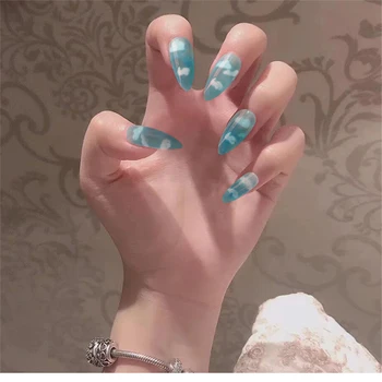

Long Pointed Pre-designed Press on False Nails Tips 24pcs/box Pink Blue Geometric Nails with Glue Nails Tips Accessory Mix Color