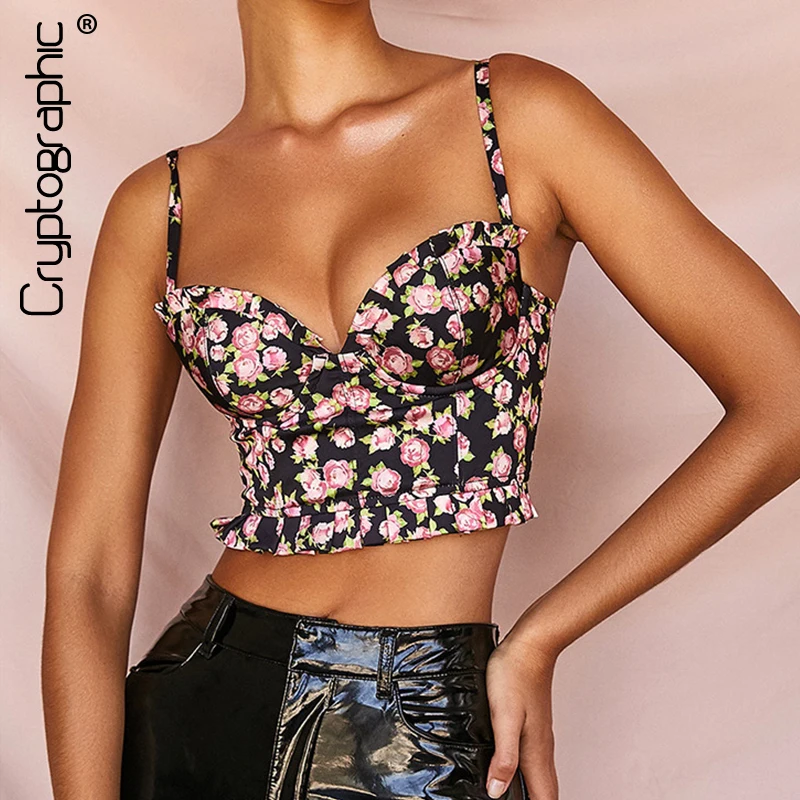 

Cryptographic Sexy Floral Crop Tops Flower Print Strap Backless Ruffles Hem Tank Tops Autumn 2019 Women's Cropped Top Streetwear