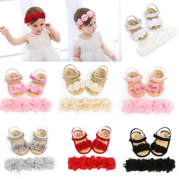 

FOCUSNORM Newborn Kid Baby Girl Summer 2pcs Flower Sandals Casual Crib Shoes First Prewalker+Headband 0-18Months
