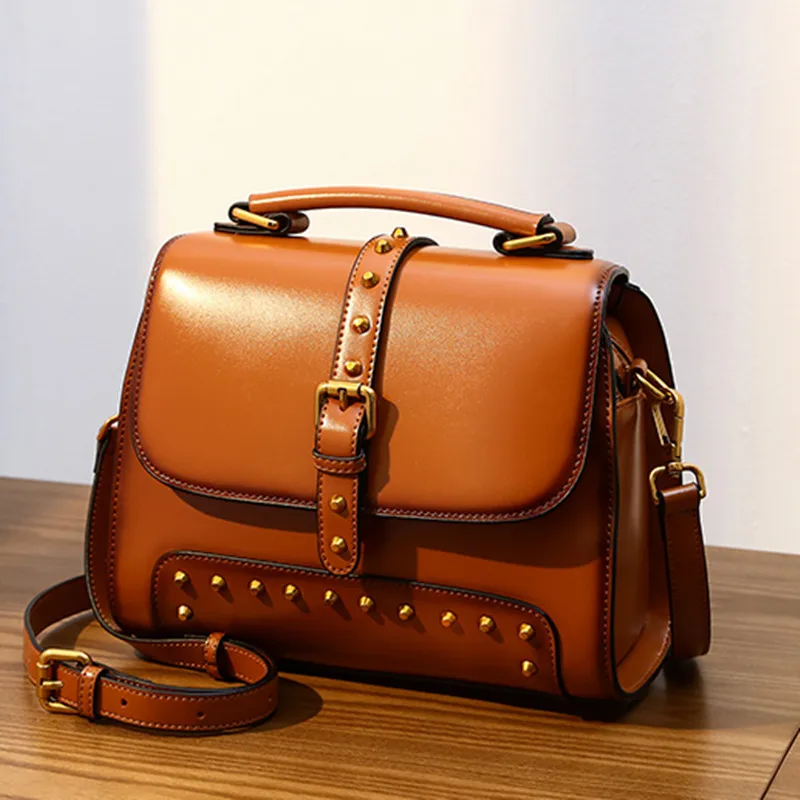 YourSeason Ladies Fashion Rivet Bag 2021 Cow Leather Hasp Versatile