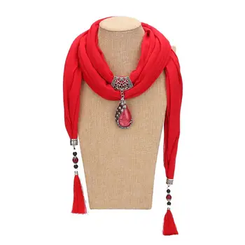 

New Ethnic Style Women Scarf Ceramic Beads Fringed Peacock Pendant Scarf Plain Color Long Tassel pendant Necklace Scarf Necklace