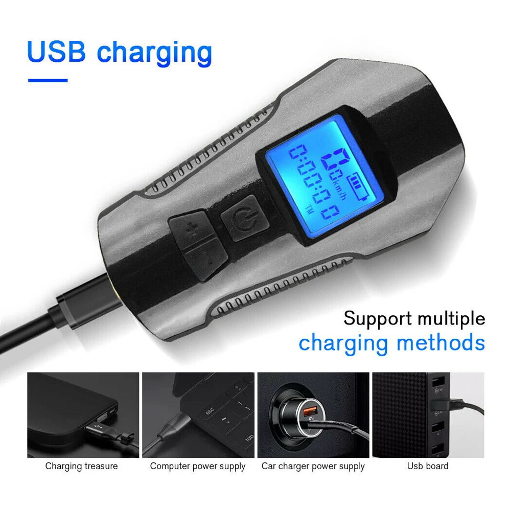 Waterproof LED Bicycle Light+Bell USB Rechargeable Bike Front Light Flashlight Handlebar Cycling Headlight+Horn LCD Speed Meter