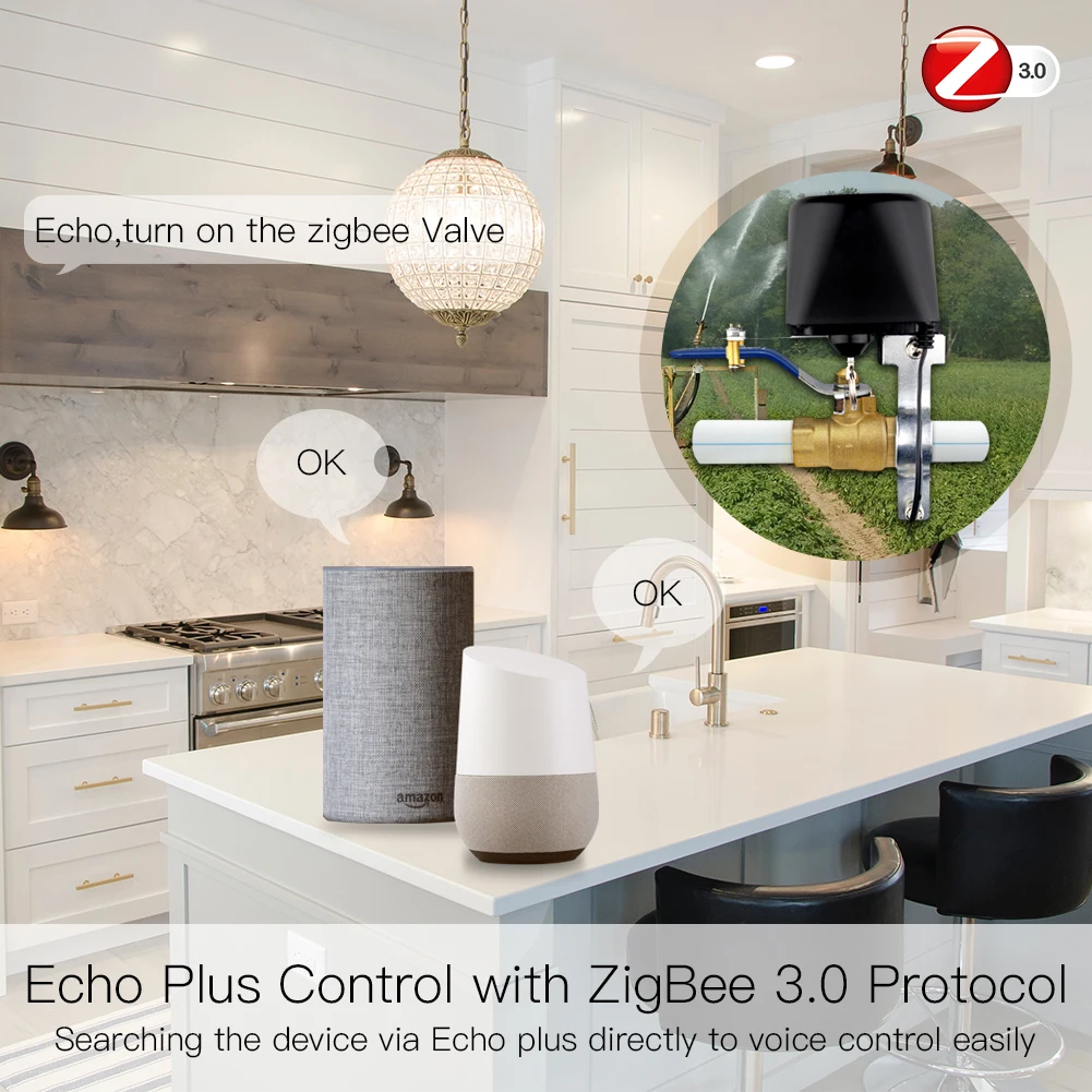 ZigBee 3.0 Smart Gas Water Valve Controller SmartThings App Remote Control Echo Plus Voice Control,Work with Alexa Google Home