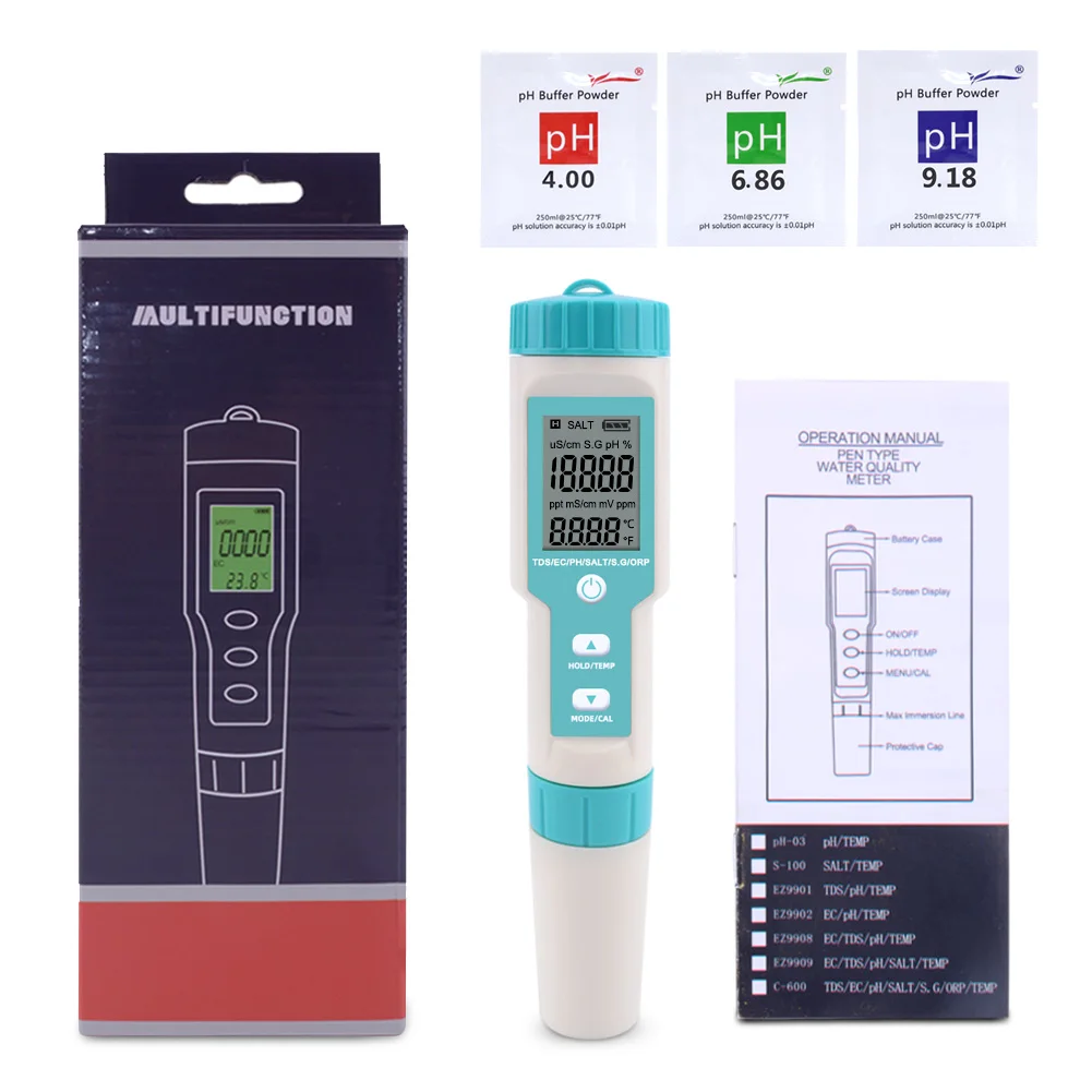 7 in 1 Salinity Meter PH TDS EC ORP S.G TEMP Water Quality Tester IP67 Swimming