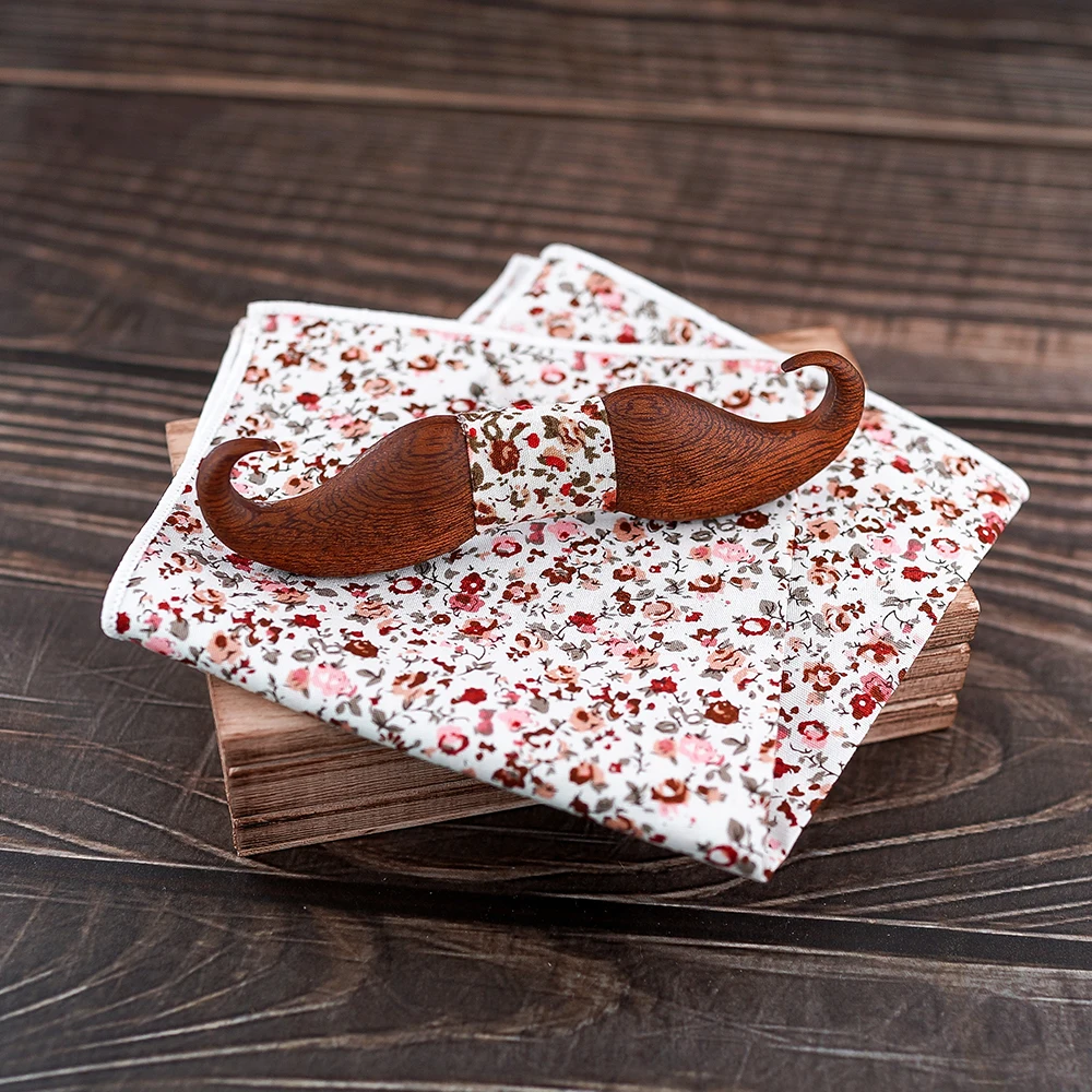 3D mustache Sapele Wooden bow tie for men gift Foral flower pattern pocket square bow tie set bow tie