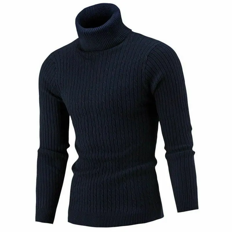 Зимняя Толстая Теплая мужская водолазка Необычные Полосатые свитера облегающий пуловер Hombre вязаная одежда - Цвет: Тёмно-синий