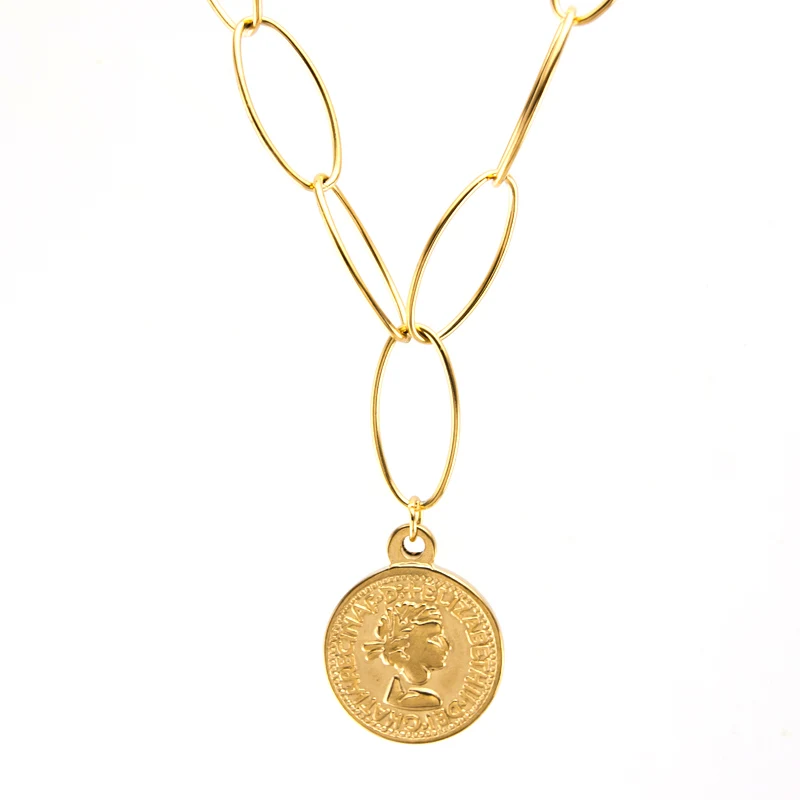 Серебряное/Золотое колье с монетой из нержавеющей стали для женщин металлический медальон Подвеска Ожерелье-цепочка, чокер ювелирные изделия в стиле "Бохо" Колье