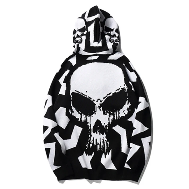 Skull Knitted Sweaters Men Hip Hop Jumper with Hood Long Sleeve Pull Male Oversize Hiphop Pullover 2021 Autumn Spring | Мужская одежда