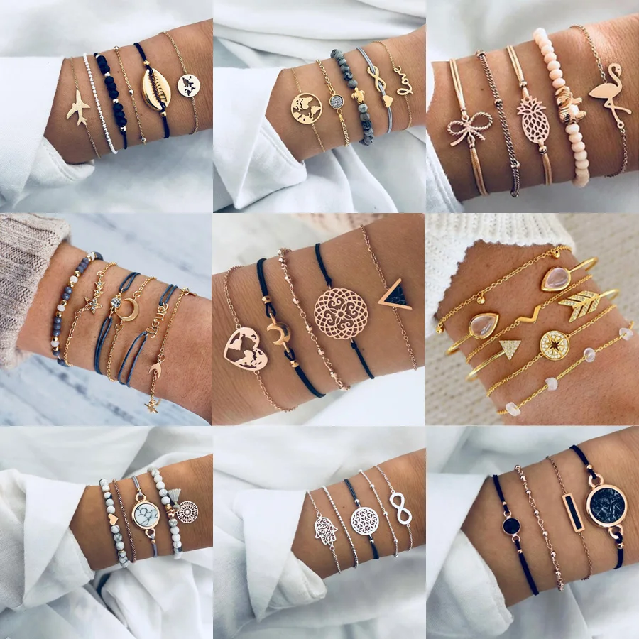 

32 Design vintage Women Boho bracelets Set Moon Shell Heart Tortoise charm Beads chains Bangle For Women Bohemian Jewelry