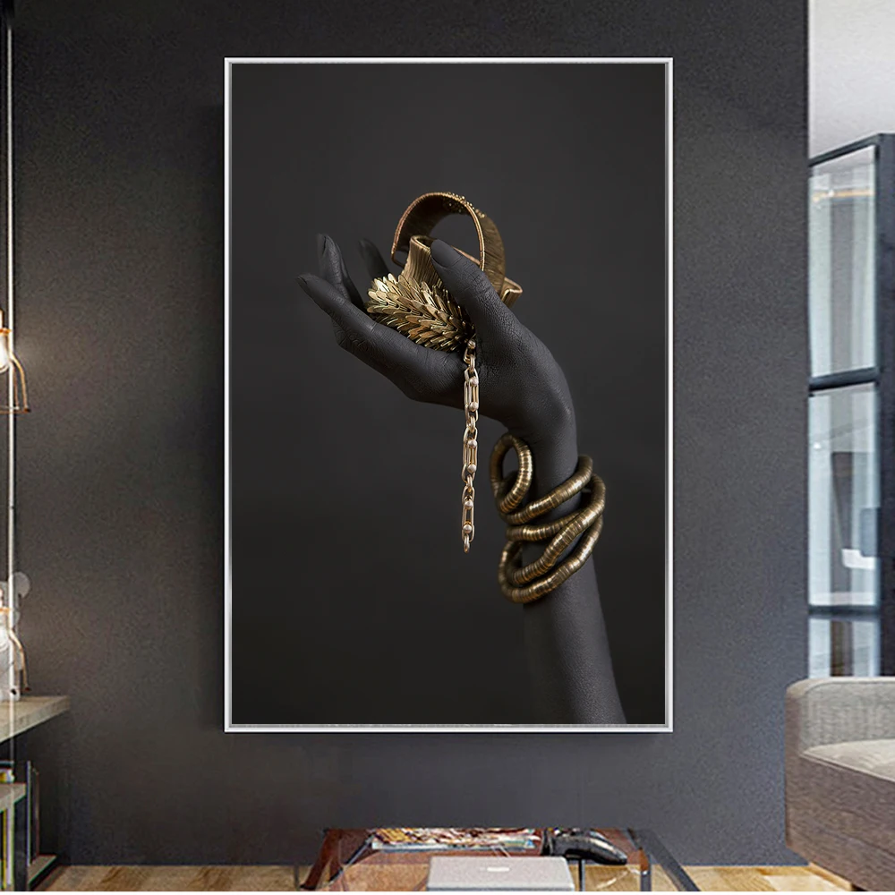 Черная Женская рука с золотыми ювелирными изделиями настенные картины на холсте плакаты и принты поп-арт принты настенные украшения