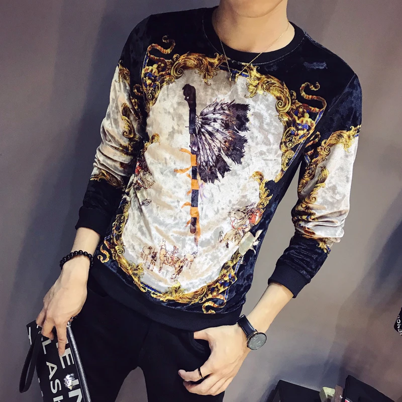 Feather Vintage T Shirts Men Printing T Shirt Homme Club Outfit Men Long Sleeve O Neck Velvet T Shirt Autumn Luxury Men T Shirt - Цвет: Feather