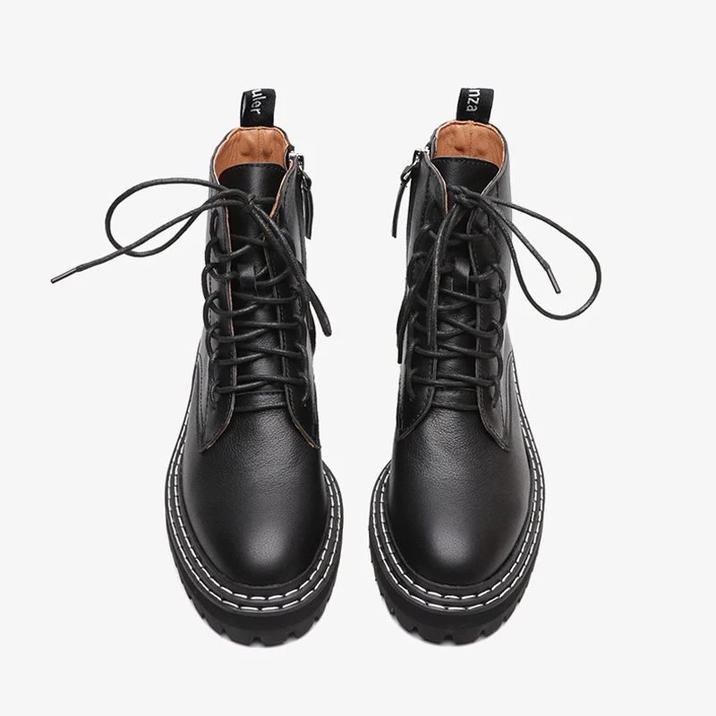 Boussac/черные зимние ботинки в стиле панк для женщин; Ботинки martin на плоской подошве со шнуровкой; Женские однотонные ботильоны; Botas Mujer; SWE0627