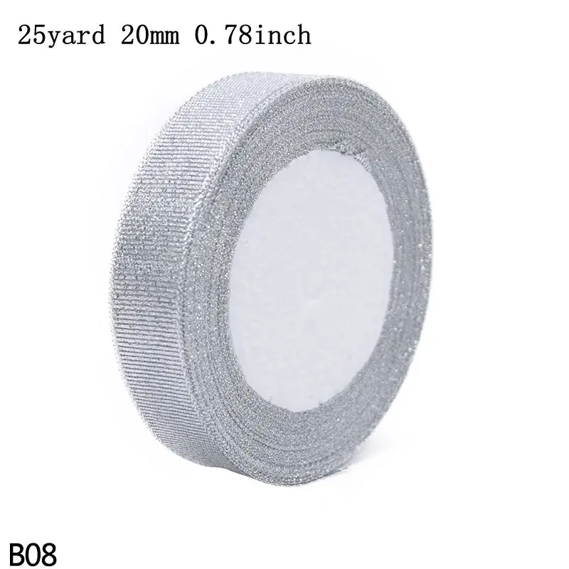 B08-silver-20mm 25yard 15/20/25 мм Золотая, серебряная, блестящая атлас органза лента вышитые ленты DIY Швейные рукоделие Упаковка для подарков на Рождество Декор - Цвет: B08-silver-20mm